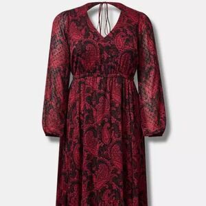 Torrid Burgundy Paisley Tea Length Clip Dot Open‎ Back A-Line Dress Plus Size 1X